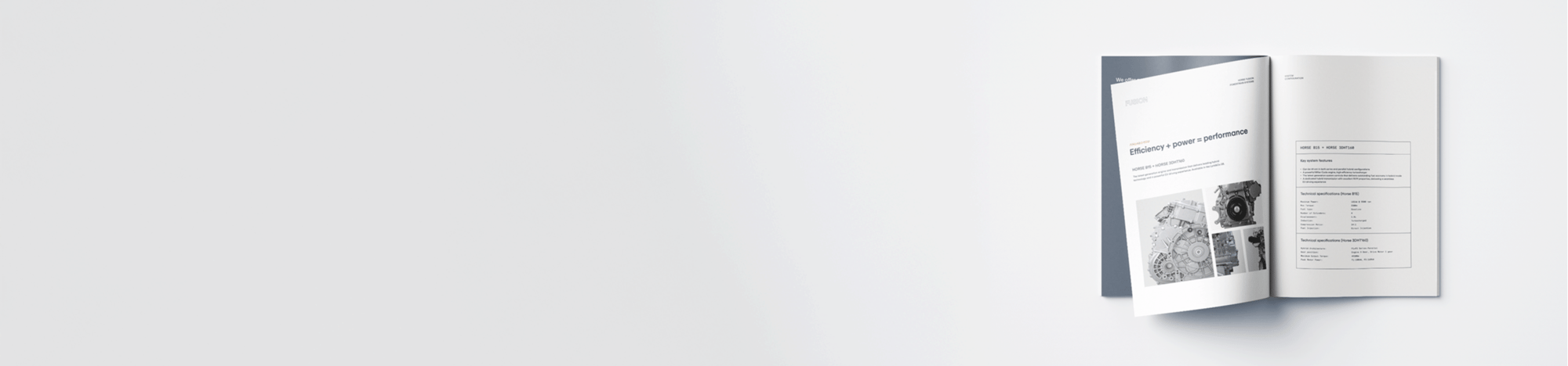 A brochure open to a page showing engine product information