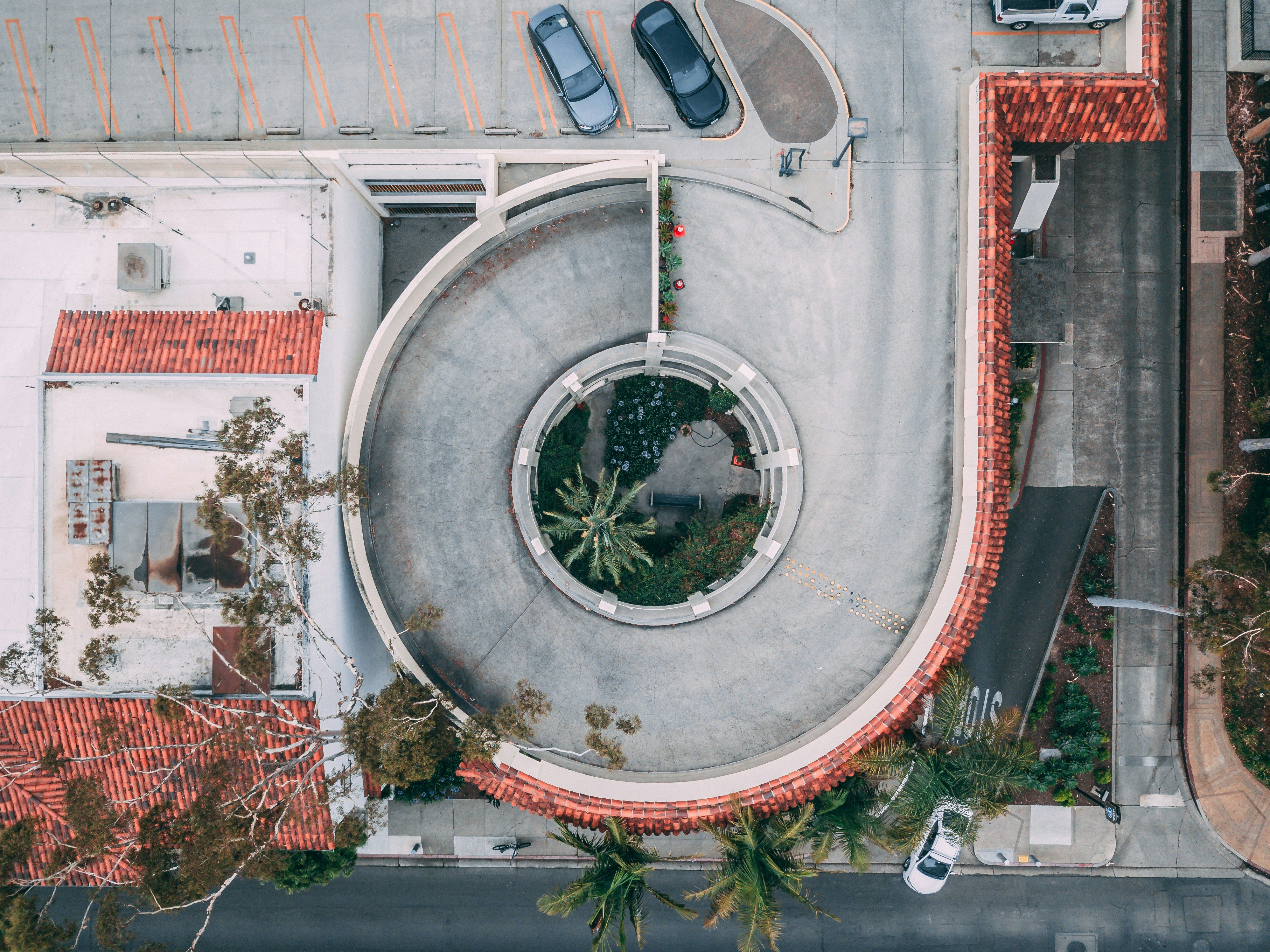 An aerial view of a multi-storey car park and its roof