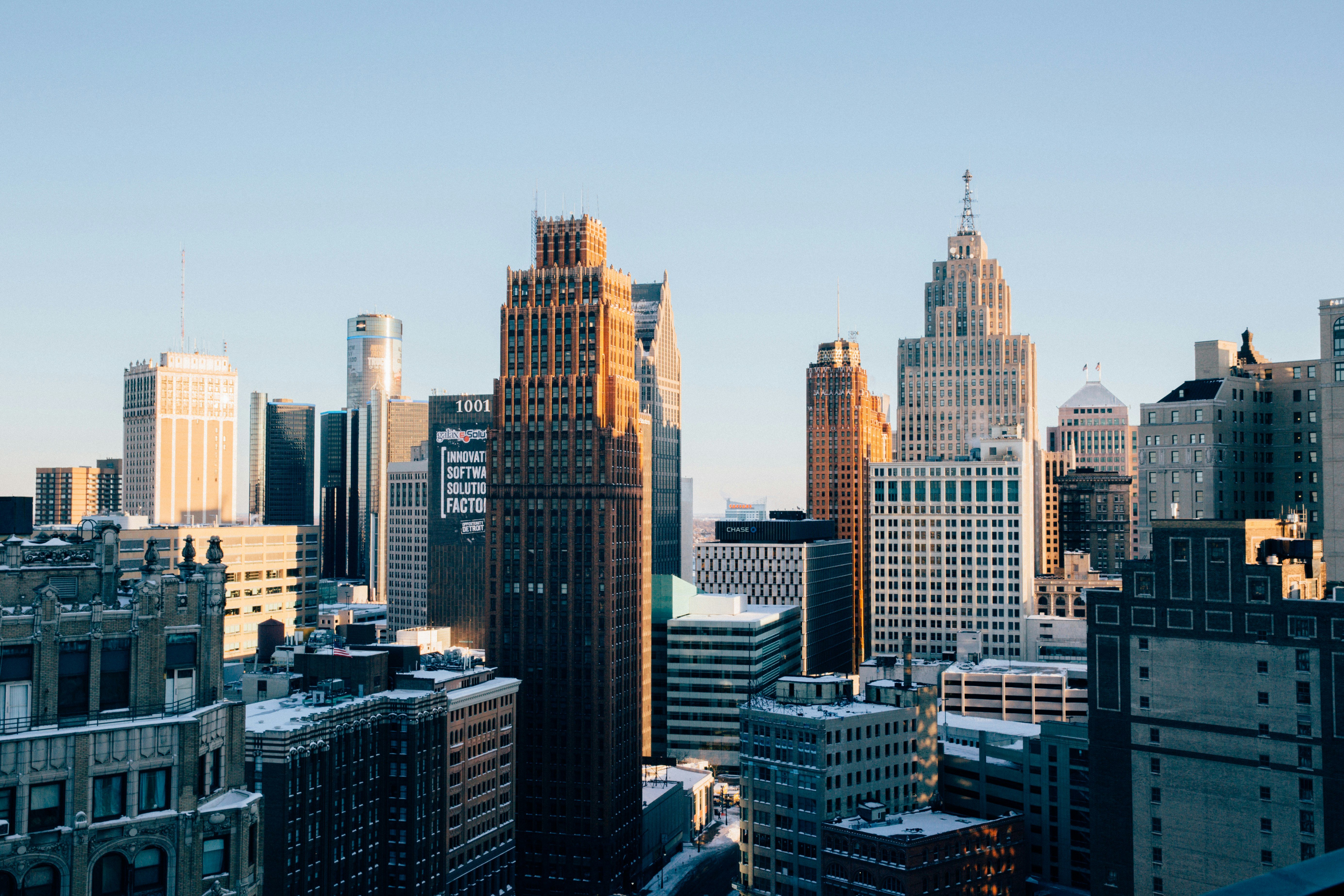 Skyline of high-rise buildings in Detroit, Michigan