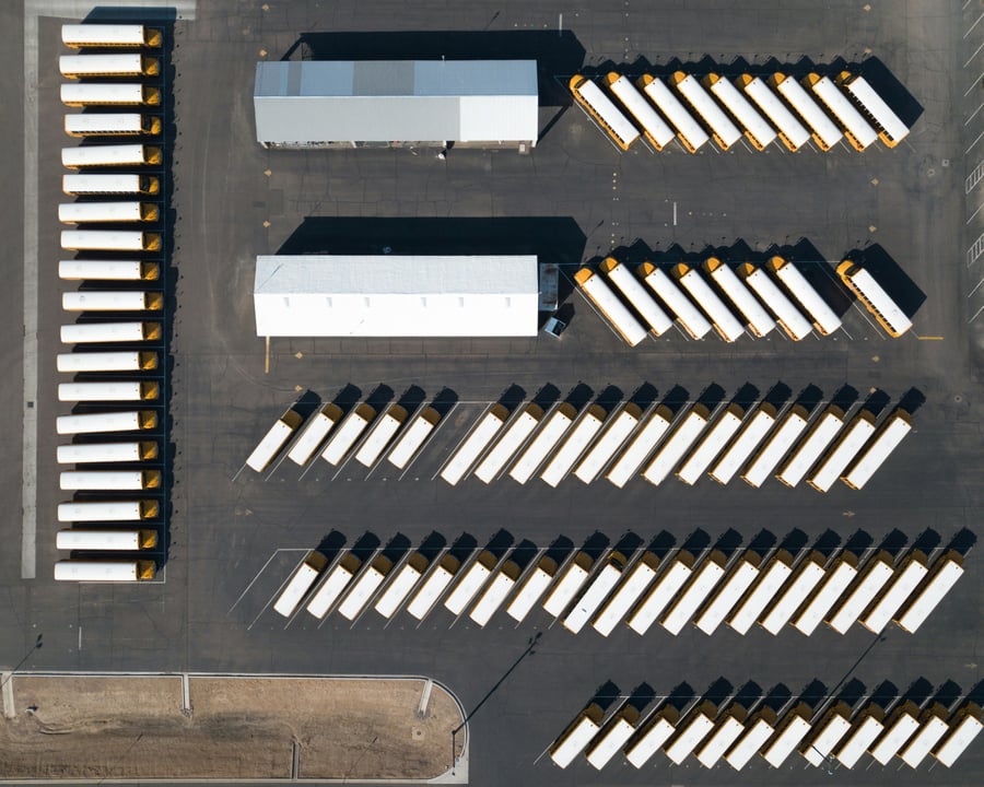 Yellow, white-roof school buses parked